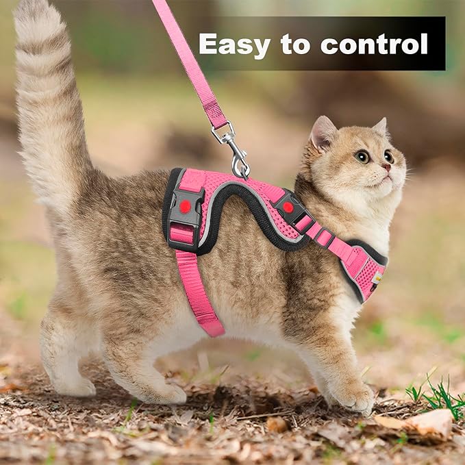 Cat Harness and Leash for Walking, Retractable Cat Harnesses and Leash Set Escape Proof, Breathable Soft Kitten Small Large Harness for Travel Training and Walking, Pink, XS