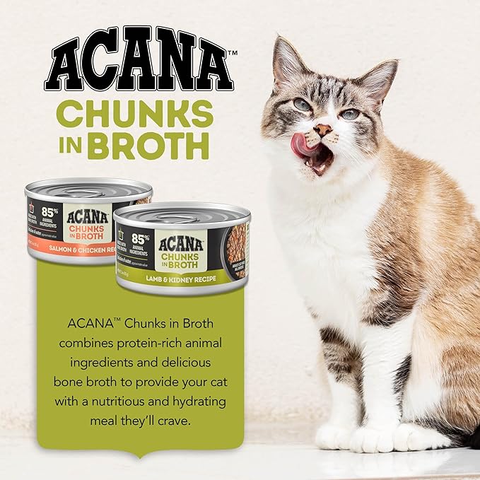 ACANA Chunks in Broth Wet Cat Food Variety Pack: Salmon & Chicken + Lamb & Kidney Recipes 3oz Cans (12 Count, 6 of Each)