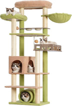Cat Tree with Tunnel, Cat Tower for Indoor Cats, Tall Cactus Cat Tree Tower with Cat Condo, Food Station, Large Platform, Scratching Posts, Hammock, Green and Yellow GCT021GY
