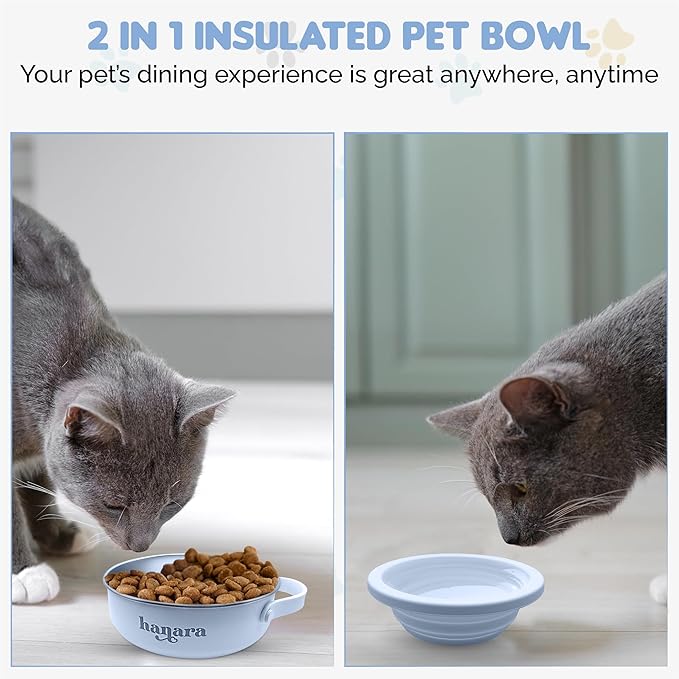 2-in-1 Insulated Dog Bowl with Collapsible Lid & Handle – Stainless Steel, Non-Slip Rubber Base – Portable Pet Water & Food Bowl for Dogs & Cats – 30 OZ + 20 OZ – Indoor & Outdoor (Blue)
