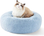 Bedsure Calming Cat Beds for Indoor Cats - Small Washable Round Cat Bed, Anti-Slip Fluffy Plush Faux Fur Pet Bed, Fits up to 15 lbs Pets,Light Blue, 20 inches