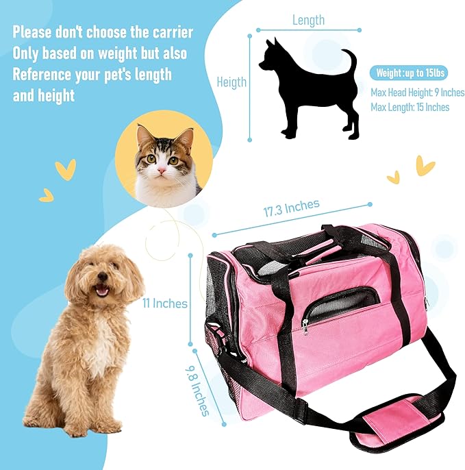 Expandable Cat Carrier for Travel, Soft-Sided Pet Carrier for Cats and Small Dogs, Airline Approved, Comfortable & Breathable Cat Carrying Bag with Adjustable Strap for Daily Use & Airplane(Pink)