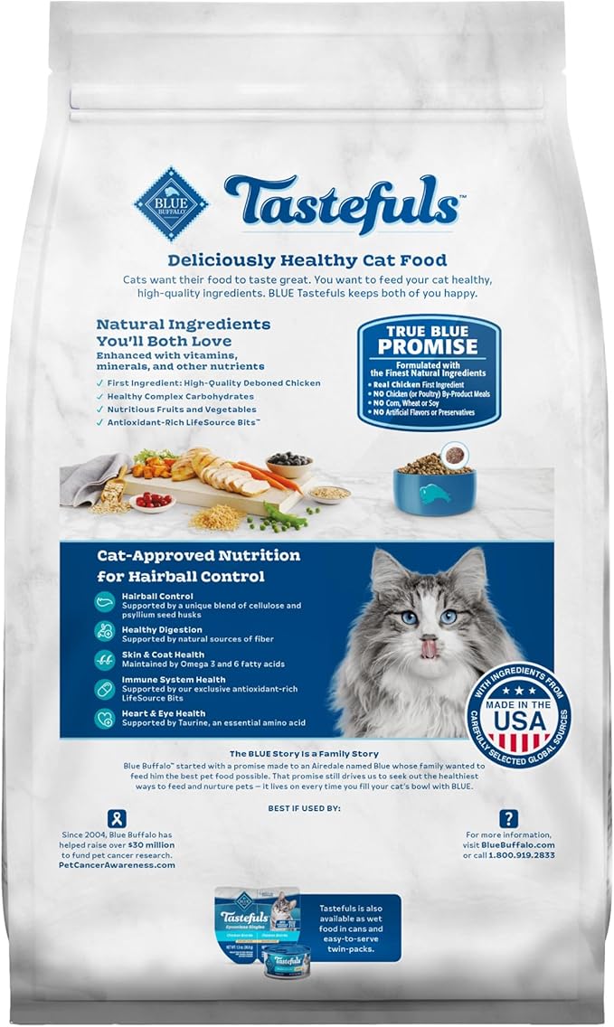 Blue Buffalo Tastefuls Natural Dry Food for Adult Cats, Hairball Control, Chicken & Brown Rice Recipe, 7-lb. Bag