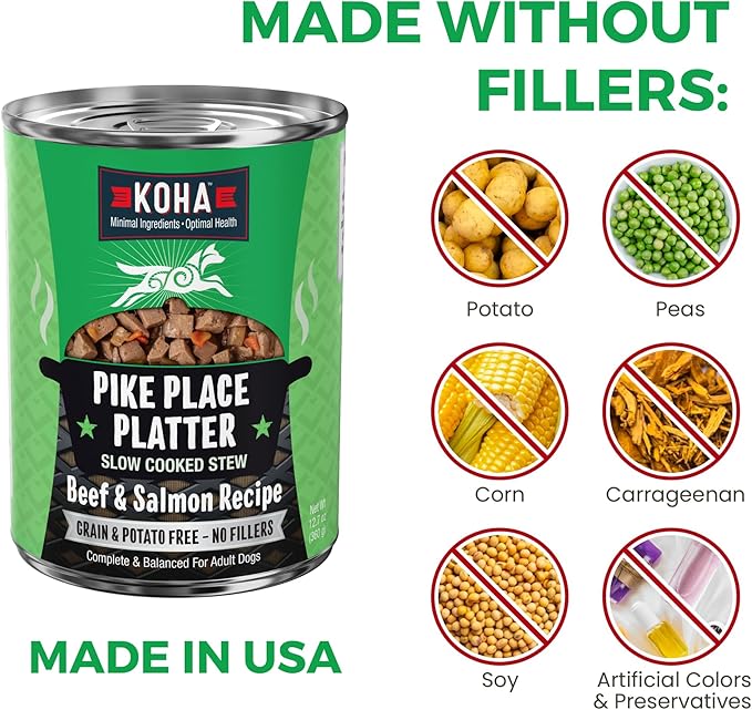 KOHA Pike Place Platter Stew for Dogs with Beef and Salmon, High Protein Wet Dog Food, 12.7oz Cans (Case of 12)