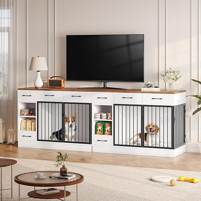 47.2" Large Dog Crate Furniture with 3 Storage Drawers & Hidden Bowl - Wooden Indoor Dog Kennel with Adjustable Shelf, 2 Doors for Small/Medium Dogs, Multi-Functional Pet Cage Furniture