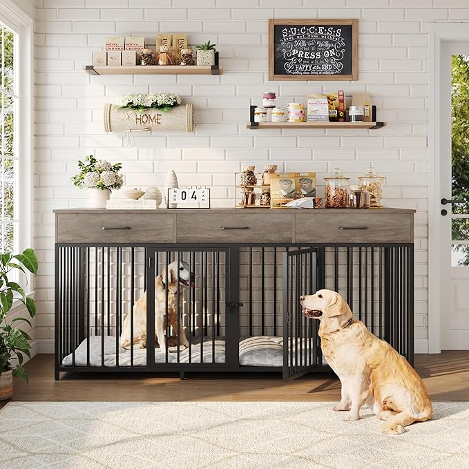 HOSTACK Double Dog Crates Furniture, 71" Wide Indoor Dog Kennel with 3 Drawers, Farmhouse Dog Cage for 2 Large/Medium Dogs, Heavy Duty Dog Crate with Removable Divider, Wooden Pet House, Ash Grey