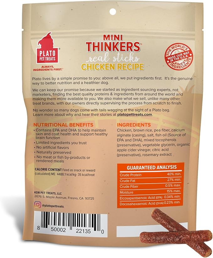 PLATO Mini Thinkers Sticks - Natural Dog Treats - Real Meat - Air Dried - Made in the USA, Chicken Flavor, 6 ounces