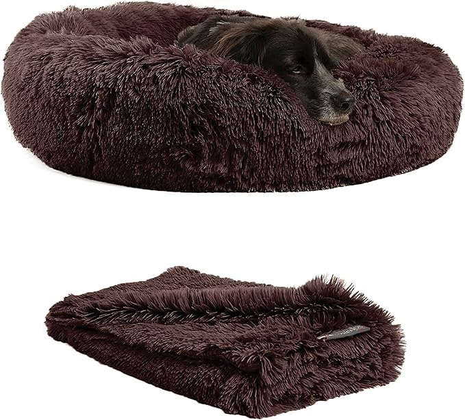 Best Friends by Sheri Bundle Set The Original Calming Shag Donut Cuddler Cat and Dog Bed + Pet Throw Blanket Dark Chocolate Medium 30" x 30"