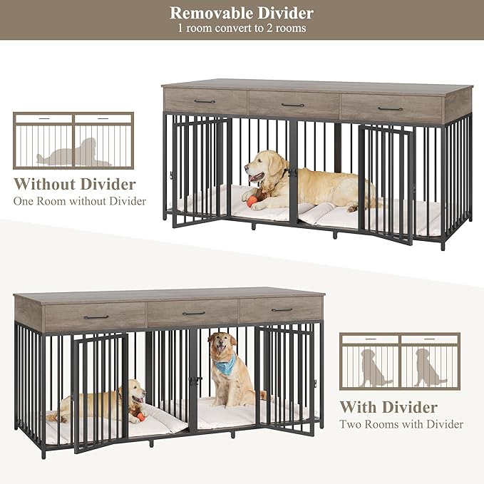 HOSTACK Double Dog Crates Furniture, 71" Wide Indoor Dog Kennel with 3 Drawers, Farmhouse Dog Cage for 2 Large/Medium Dogs, Heavy Duty Dog Crate with Removable Divider, Wooden Pet House, Ash Grey