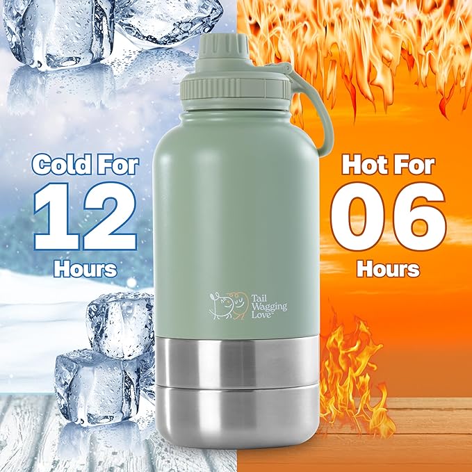 32oz 3-in-1 Portable Travel Water Bottle, Food & Hydration Bottle - Dual Use for Humans & Pets with Detachable Bowls, Stainless Steel, Keeps Water Hot for 6hrs & Cold for 12hrs