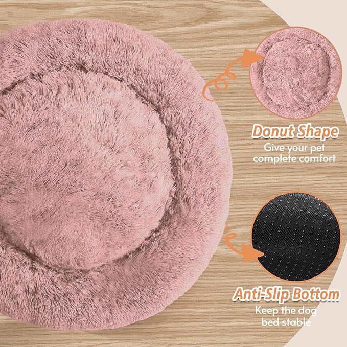 JOLLYVOGUE Medium Calming Dog Bed, Anti-Anxiety Donut Cuddler Cat Bed with Anti-Slip Bottom, Fluffy Faux Fur Machine Washable Pet Cushion for Medium Large Dog & Cat (31")