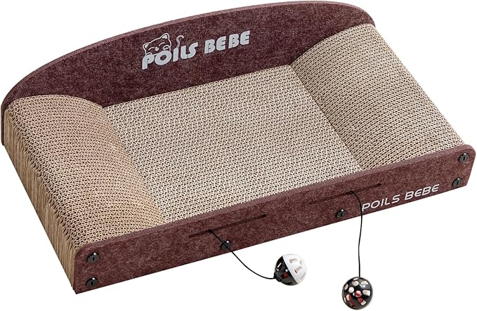 Poils Bebe 21 Inch Sofa Cat Scratcher, Small Cat Scratcher Cardboard with Bell Balls, Durable Couch Lounger for Indoor Cats, Cat Scratch Furniture Protector with Catnip, Cat Toys