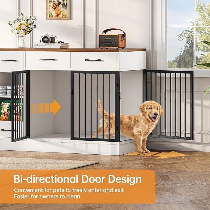 Large Dog Crate Furniture, 47.2'' Dog Kennel Indoor with 3 Storage Drawers and Hidden Feeding Bowl, Sturdy Wooden Dog Crate with 2 Doors and Adjustable Shelf for Small, Medium Dogs
