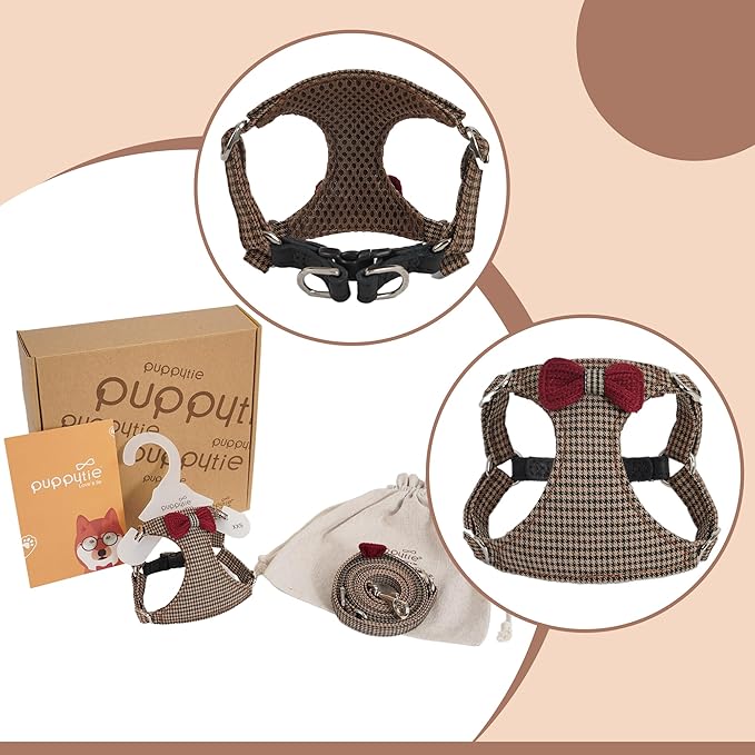 Puppytie No Pull xs Dog Harness with Multifunction Dog Leash,Soft Adjustable No Choke Escape Proof Pet Harness Vest,Knitted Brown,XXS