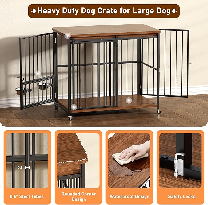 Dog Crate Furniture, 41’’ Wooden Dog Kennel Indoor with Sliding Front Door, Multi-Side Openings & Feeding Window Pet Cage House as TV Stand, End Table