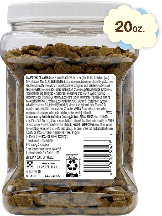 Purina Friskies Natural Cat Treats, Party Mix Natural Yums With Wild Caught Tuna and Added Vitamins, Minerals and Nutrients - 20 oz. Canister