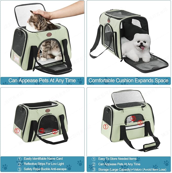 Cat Carrier Dog Carrier Pet Carriers for Medium Small Cats Dogs Puppies up to 15 Lbs,TSA Airline Approved Small Dog Cat Carriers Soft Sided,Collapsible Travel Puppy Carrier (Green, Large)
