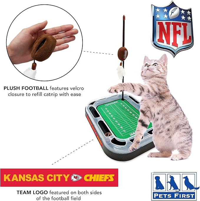 Pets First Cat Plush Toy KANSAS CITY CHIEFS FOOTBALL FIELD CAT SCRATCHER TOY with CATNIP Filled Plush FOOTBALL Toy & Feather Cat Toy hanging, Jingle Bell INTERACTIVE BALL Cat Chasing 5-in-1 KITTY Toy