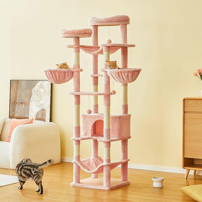 77-Inch Pink Cat Tree for Indoor Cats, Multi-Level Large Cat Tower with 4 Hammocks, 2 Padded Perches, Cat Condo, Sisal Scratching Posts and Hanging Toys for Large Adult Cat