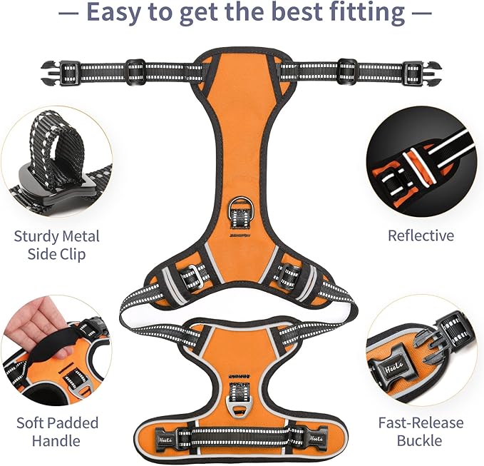 HEELE Dog Harness, No Pull Adjustable Padded Reflective Harness for Small Medium Large Dogs with Handle for Walking Training, Orange, M