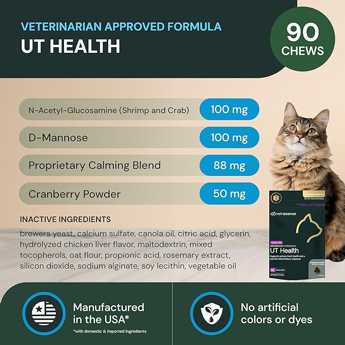 VetriScience Veterinary Strength UT Health Chews - Cat Urinary Tract Wellness Supplement for Supporting Feline Urinary Health - with Calming Blend - Chicken Flavor - 90 Count