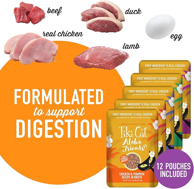 Tiki Cat Aloha Friends Variety Pack, Meaty Flavors Mixed with Pumpkin, Wet, High-Protein & High-Moisture Cat Food, For All Life Stages, 2.5 oz. Pouch (Pack of 12)