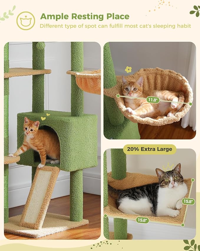 PEQULTI Tall Cat Tree, Floor to Ceiling Cat Tree Tower Adjustable [90.5''-100.4''=230-252CM] with Cat Condo, Cat Hammock and Scratching Post, Climbing Tree for Indoor Large Cats, Green