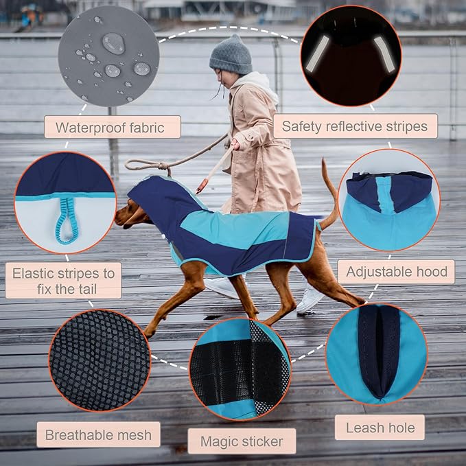 IECOii Dog Raincoat,Waterproof Rain Coat for Small Dogs,Adjustable Pet Rain Jacket with Hood,Lightweight Doggy Raincoats with Reflective Stripes,Blue,Small