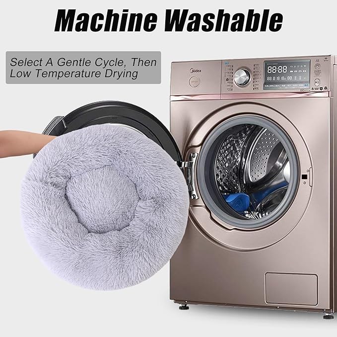 Calming Dog Bed, Dog Beds Fits up to 80 lbs Pets, Fluffy Donut Dog & Cat Bed Washable, Round Anti Anxiety Dog Bed, Small Dog Bed with Non-Slip Bottom (Light Grey, 36" x 36")