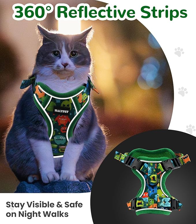 Halypet Cat Harness and Leash Set for Walking, Escape Proof Adjustable Vest Harness with 3-in-1 Integrated Buckles, Easy Control Soft Breathable Mesh with Reflective Strips for Cats, XS, Green Monster
