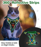 Halypet Cat Harness and Leash Set for Walking, Escape Proof Adjustable Vest Harness with 3-in-1 Integrated Buckles, Easy Control Soft Breathable Mesh with Reflective Strips for Cats, XS, Green Monster