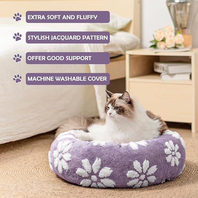 Donut Dog Beds for Medium Dogs, Calming Round Cat Beds for Indoor Cats, Cute 3D Textured Flower Pet Bed with Removable Washable Cover and Anti-Slip Bottom（Purple，30"）