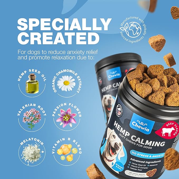 Hemp Calming Chews for Dogs - Dog Calming Treats - Anxiety Relief for Dogs with L-Theanine, Chamomile Extract, Valerian Root - Dog Anxiety Relief for Travel, Vet Visits, Thunderstorms, Nail Trimming
