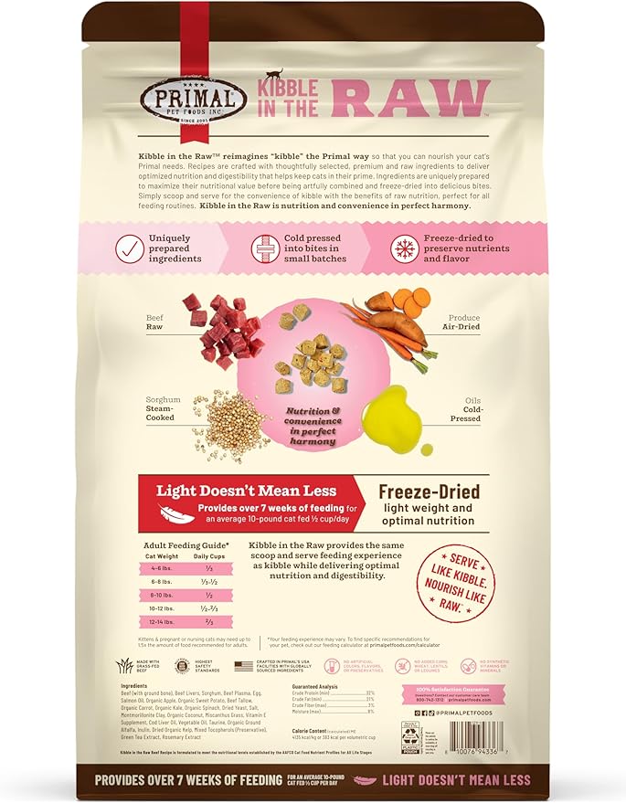 Primal Kibble in The Raw, Freeze Dried Cat Food, Beef, Scoop & Serve, Made with Raw Protein, Whole Ingredient Nutrition, Crafted in The USA, Dry Cat Food, 64 Ounce (4 lb) Bag