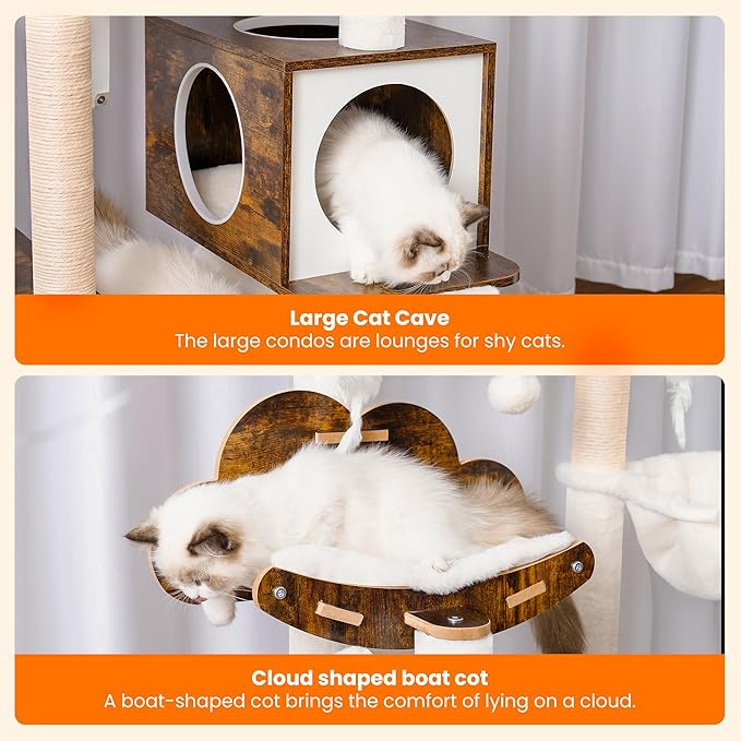 Heybly Wood Cat Tree for Indoor Cats, Cat Condo for Large Cats with Self Groomer, Modern Cat Scratching Tower with Basket, Hammock, Dangling Ball and Leaves, Rustic Brown HCT120SR