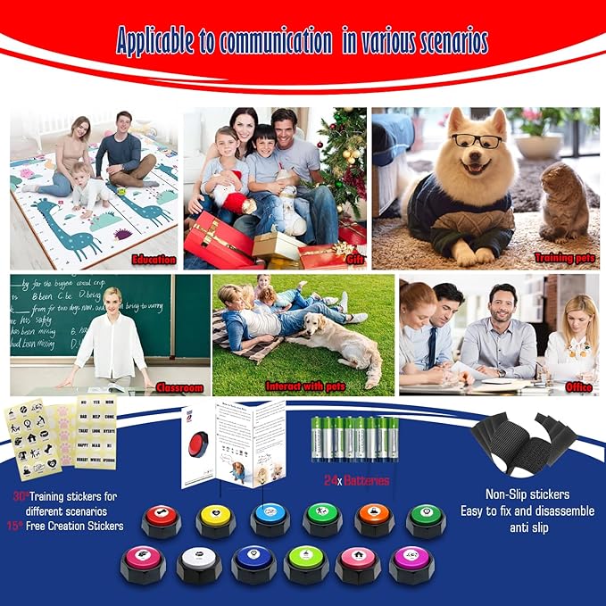 12 Color Pet Communication Buttons, Dog Buttons with 3-Mode Switch (Play/Off/Record), Talking Recordable Buttons, Includes 45 Training Stickers & Batteries for Effective Training