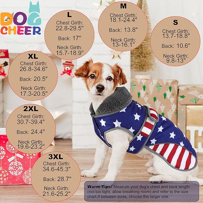 Dogcheer Dog Coat, American Flag Dog Jacket Waterproof Puppy Winter Coat for Cold Weather, Reflective Adjustable Pet Snow Jacket Fleece Sweater for Small Medium Large Dogs - USA Flag, S