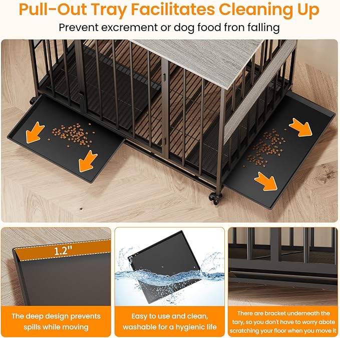 Dog Crate Furniture for Medium Dogs, 38 Inch Indoor Medium Kennel, Wooden Pet Cage Decorative Corner End Table with Caster Wheels & Double Removable Tray, Greige