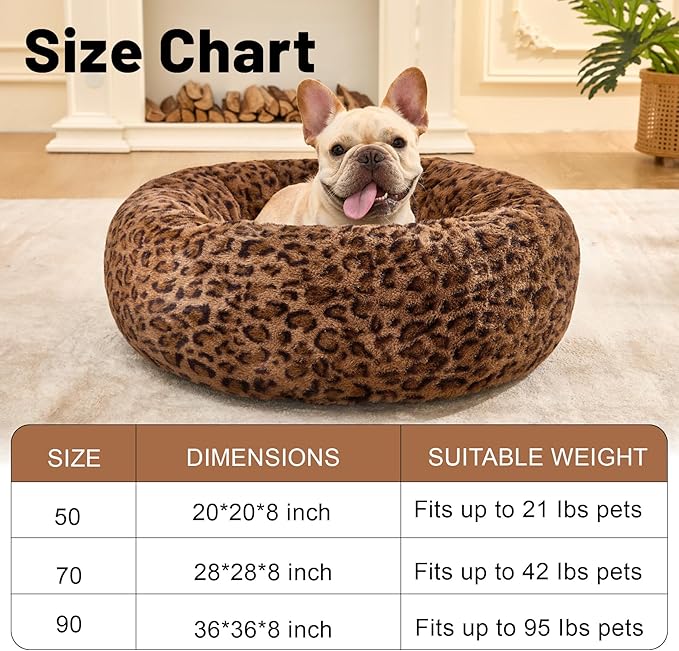 Dog Calming Beds for Small Medium Large Dogs - Round Donut Washable Puppy Dog Bed, Anti-Slip Faux Fur Fluffy Donut Cuddle Anxiety Cat Pet Bed (36" Leopard Print)