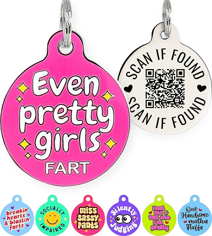 Personalized QR Code Dog Tags - Choose from 25+ Tag Designs - QR Code Links to Your Profile - Unique, Cute, Funny, Sassy Pet ID Tag (Even Pretty Girls Fart, Large (1.25 inch))