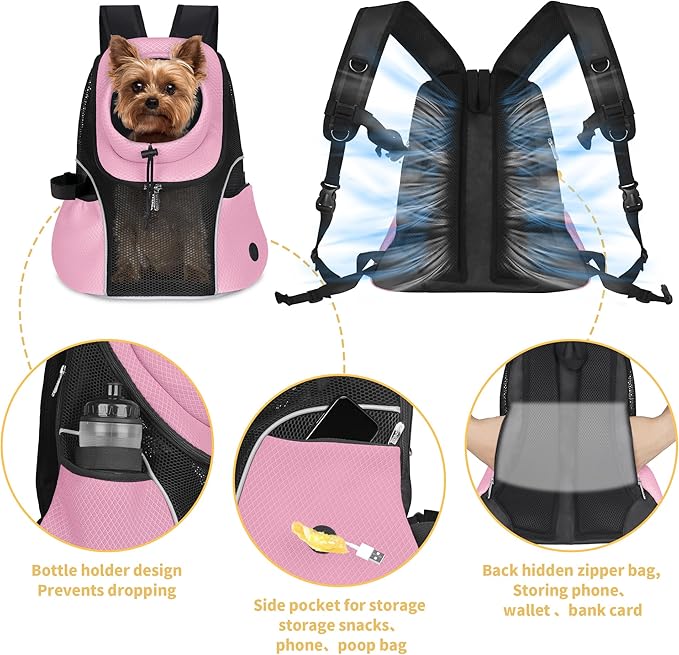 WOYYHO Pet Dog Carrier Backpack Small Dog Front Backpack Ventilated Mesh Dog Travel Back Pack with Safety Belt for Travel Hiking Cycling Outdoor Adventures (Size S: 2-4.5 lbs, Pink)