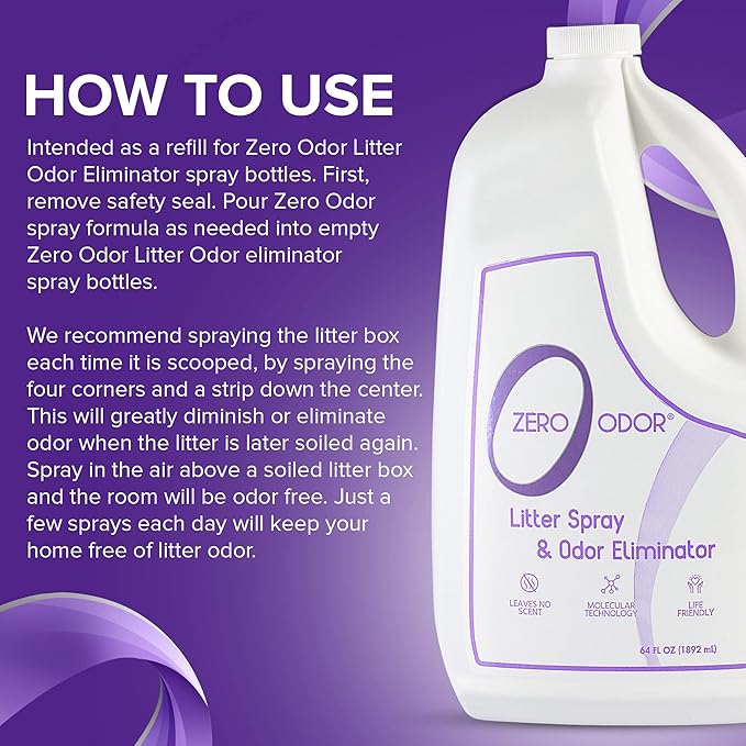 Zero Odor – Litter Odor Eliminator - Patented Molecular Technology - Pet Safe & Works on all types of litter, 64oz Refill