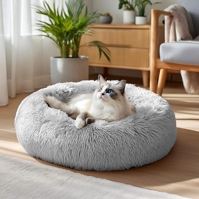 Deconovo Calming Donut Dog Bed, Washable Plush Round Pet Bed for Small Dogs & Cats with Raised Rim, Non-Slip Base and Soft Faux Fur—Lightweight, Easy-Care Design Light Grey 21" L x 21" W x 8" Th