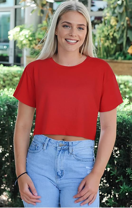 Womens Summer Crop Tops Short Sleeve Round Neck T-Shirts Loose Fit Casual Blouse