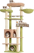 Cat Tree with Tunnel, Cat Tower for Indoor Cats, Tall Cactus Cat Tree Tower with Cat Condo, Food Station, Large Platform, Scratching Posts, Hammock, Green and Yellow GCT021GY