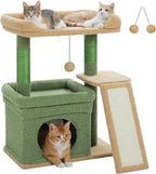 PEQULTI Small Cat Tree Cactus Cat Tower for Large Adult Cats with Wide Top Perch, Private Cat Condo and Sisal Scratching Post&Pad for Indoor Cats, Green