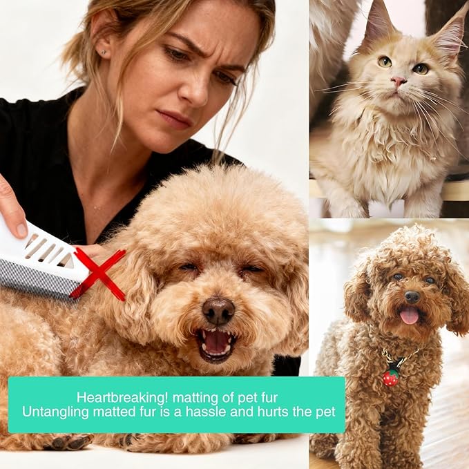 Professional Flea Comb for Long Haired Dogs & Cats - 3-Row Stainless Steel Dematting Tool with Negative Ions | Detangling Comb for Poodles Includes Cleaning Brush