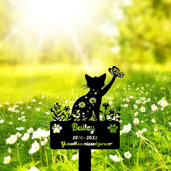 Custom Pet Cat Memorial Grave Marker, Personalized Flowers Cat Memorial Grave Marker Metal Art Cat Remembrance Loss Gift, Customized Butterfly Cat Memorial Engraved Sign with Stake