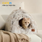 CATISM Cat Bed, Cat Cave for Indoor Cats, Soft Cat Dome, Self-Warming 2 in 1 Foldable Pet Cat House with Washable Cushioned Pillow Calming Fluffy Dog Beds for Small Dogs with Anti-Slip Bottom Brown L
