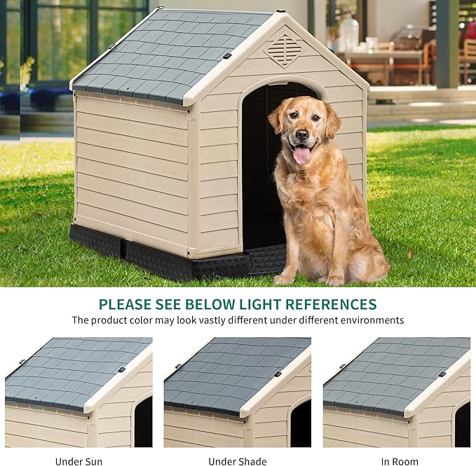 YITAHOME Large Plastic Dog House Outdoor Indoor Doghouse Puppy Shelter Water Resistant Easy Assembly Sturdy Dog Kennel with Air Vents and Elevated Floor